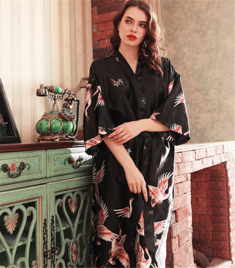 Pyjama Femme Satin Kimono Noir Japon Nuisette Femme Japon